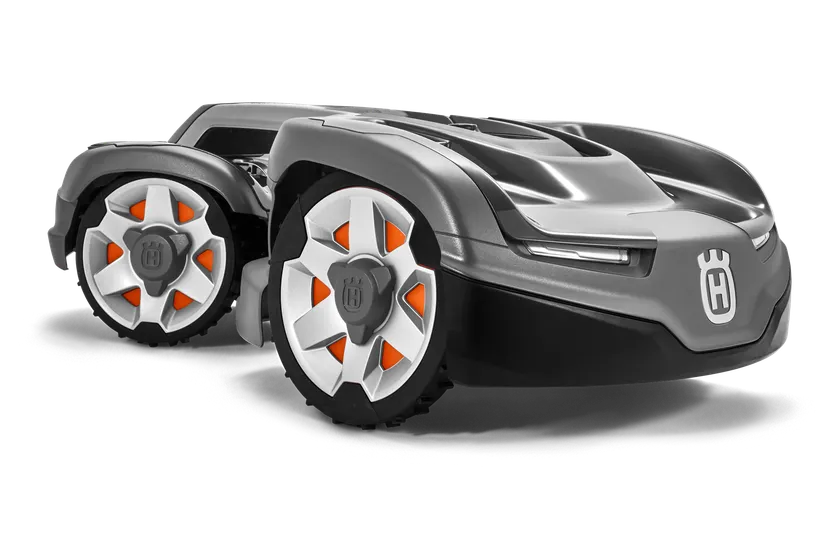 特徴的なホイールデザインのハスクバーナロボット芝刈り機の側面図。