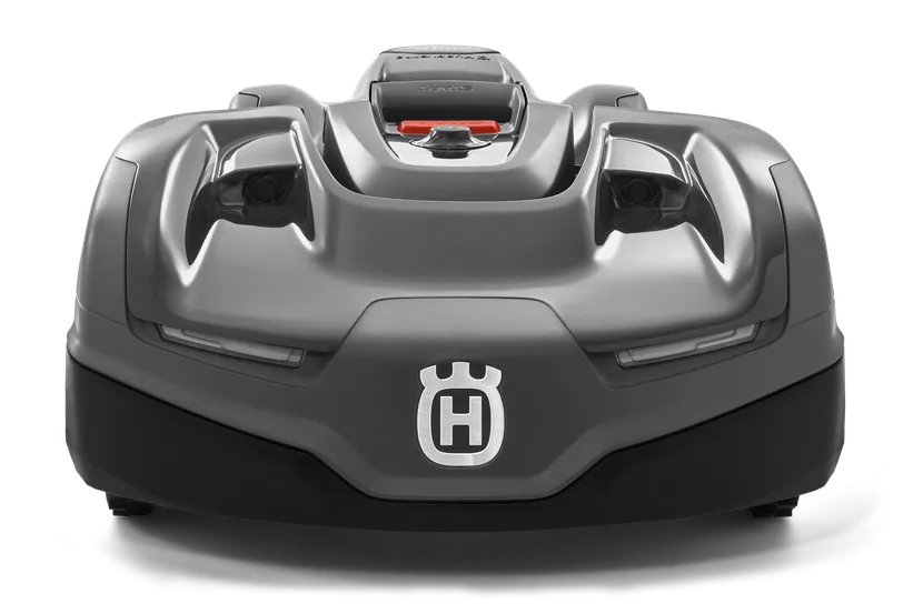 ハスクバーナのロボット芝刈り機の正面図とロゴが見える。