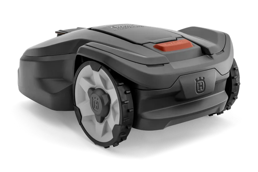 白地にハスクバーナのロボット芝刈り機の側面図。