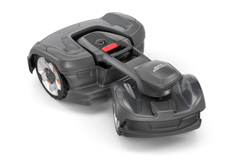 ワイヤーフリー技術を搭載した Husqvarna Automower® 435X AWD NERA。高度な設計機能を備えたハスクバーナのロボット芝刈機の正面図。