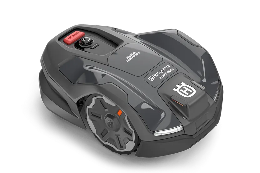 ハスクバーナのロボット芝刈り機の側面図は、その洗練されたデザインを示しています。