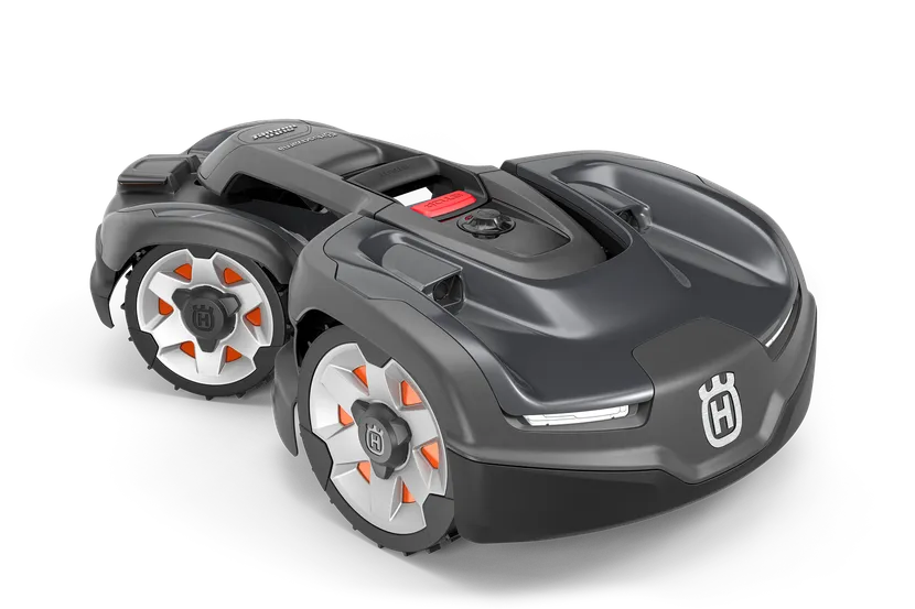 特徴的なホイールデザインのハスクバーナロボット芝刈り機の側面図。