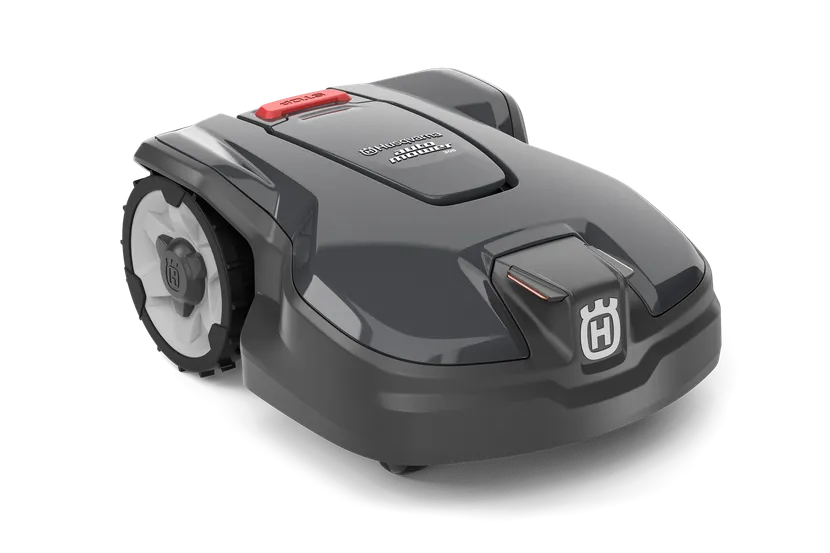 白地に Husqvarna Automower® 305 ロボット芝刈機の側面図。