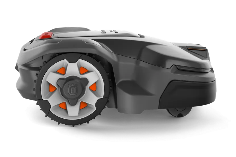 特徴的なホイールデザインのハスクバーナロボット芝刈り機の側面図。