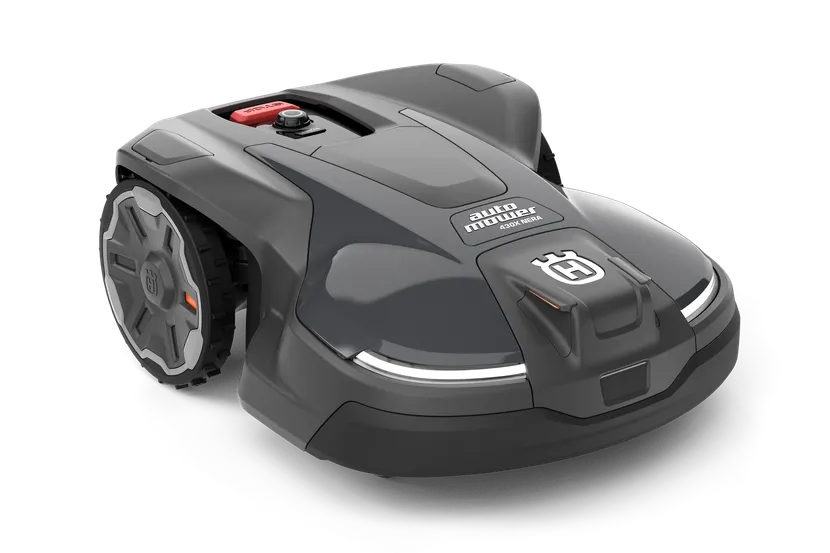 洗練されたデザインのハスクバーナロボット芝刈り機の正面図。